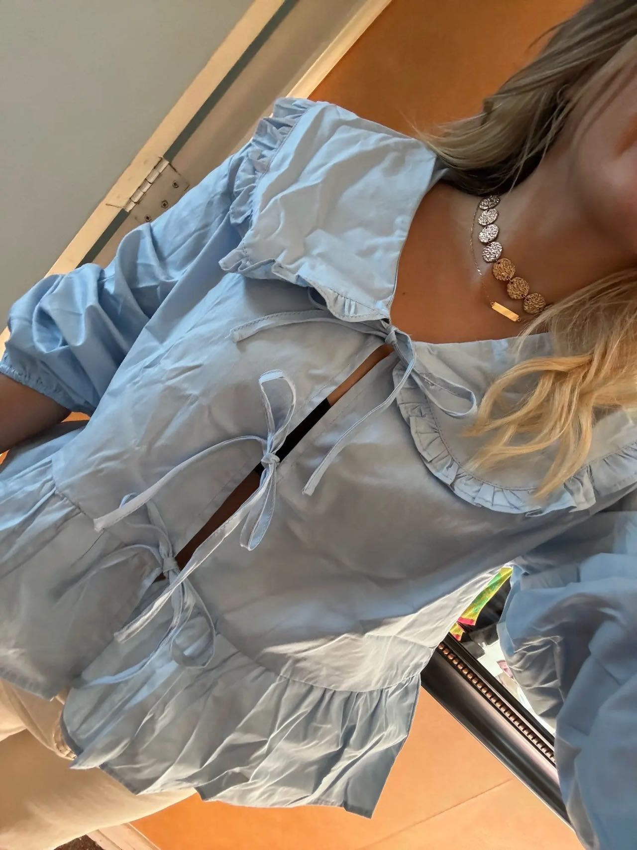 Blue Tie Up Long Sleeve Top - Boulve Boutique
