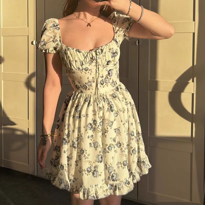 White and Blue Flower Dress - Boulve Boutique