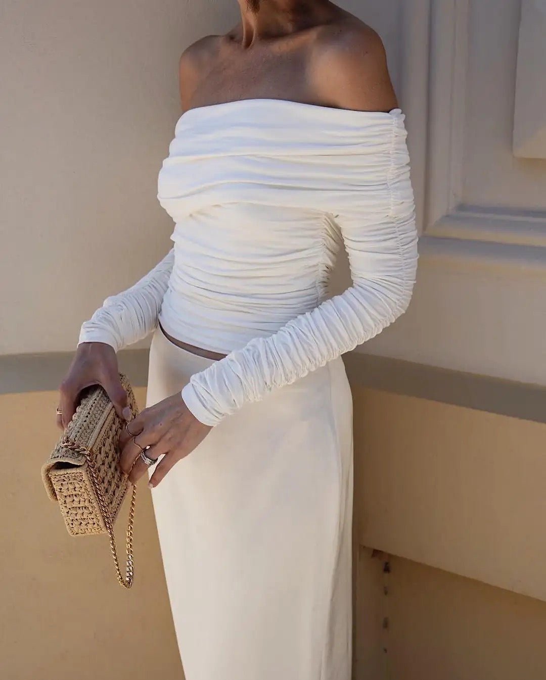 White Long Sleeve Off Shoulder Top - Boulve Boutique