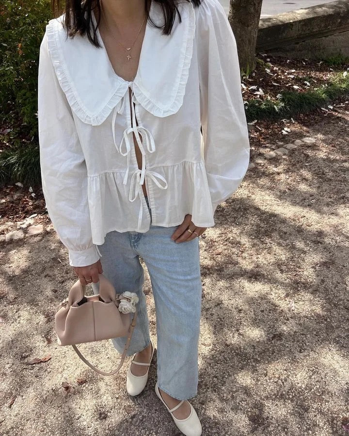 White Tie Up Long Sleeve Top - Boulve Boutique
