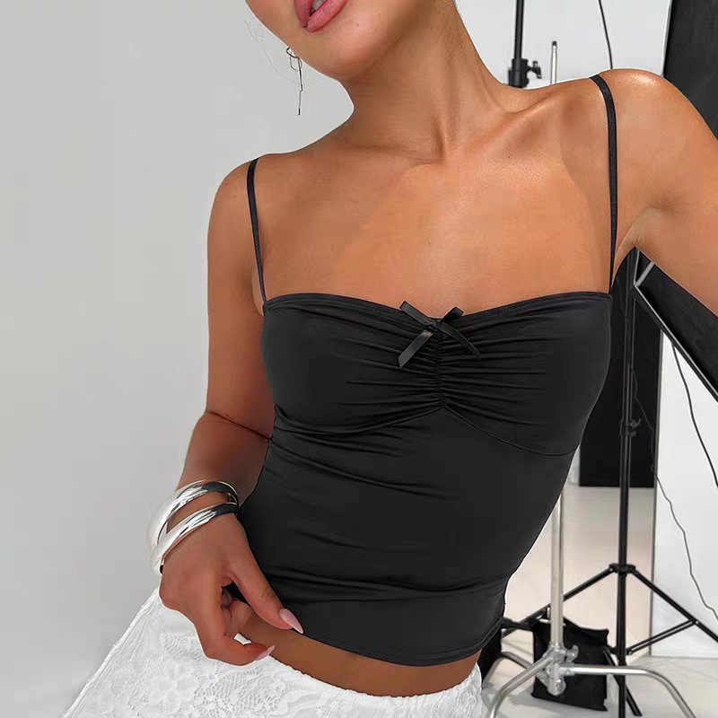 Black Pleated Top With Bow - Boulve Boutique