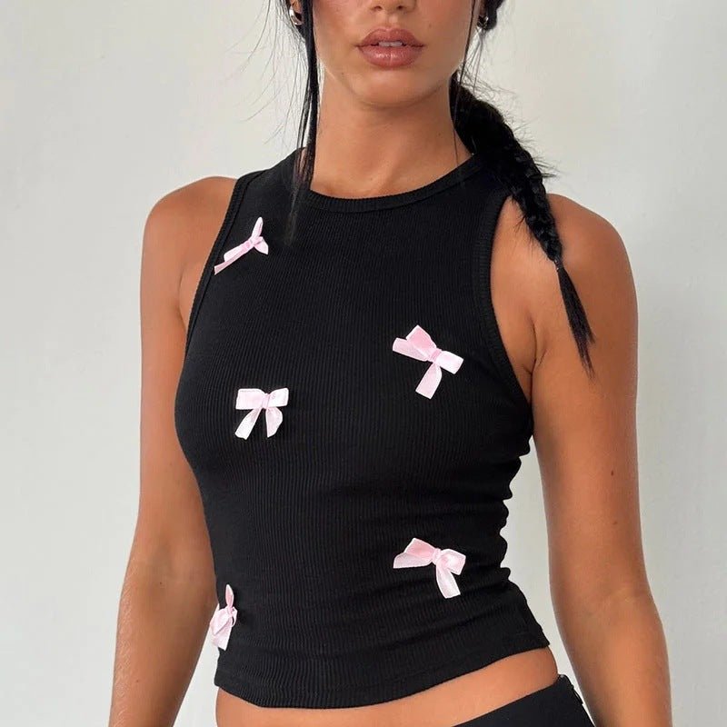 Black Tank Top With Pink Bows - Boulve Boutique