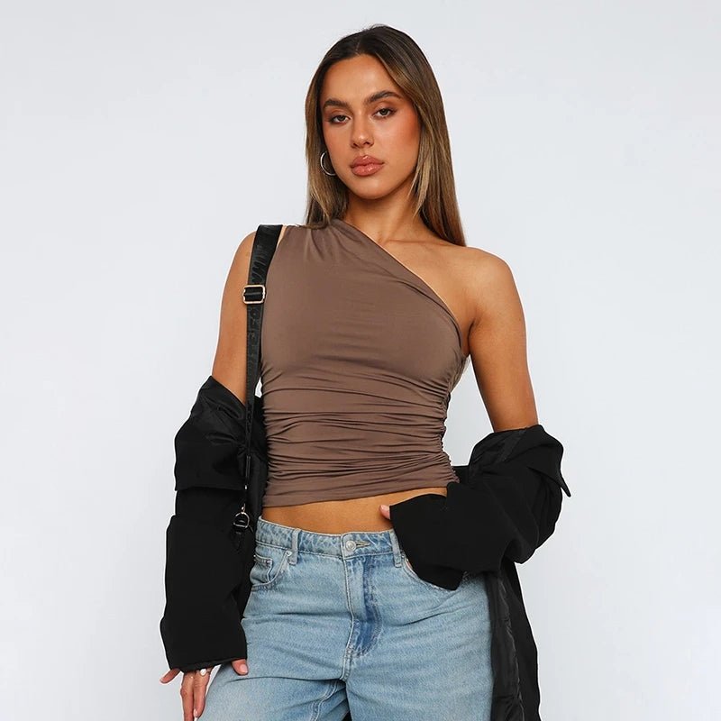 Brown One Shoulder Top - Boulve Boutique