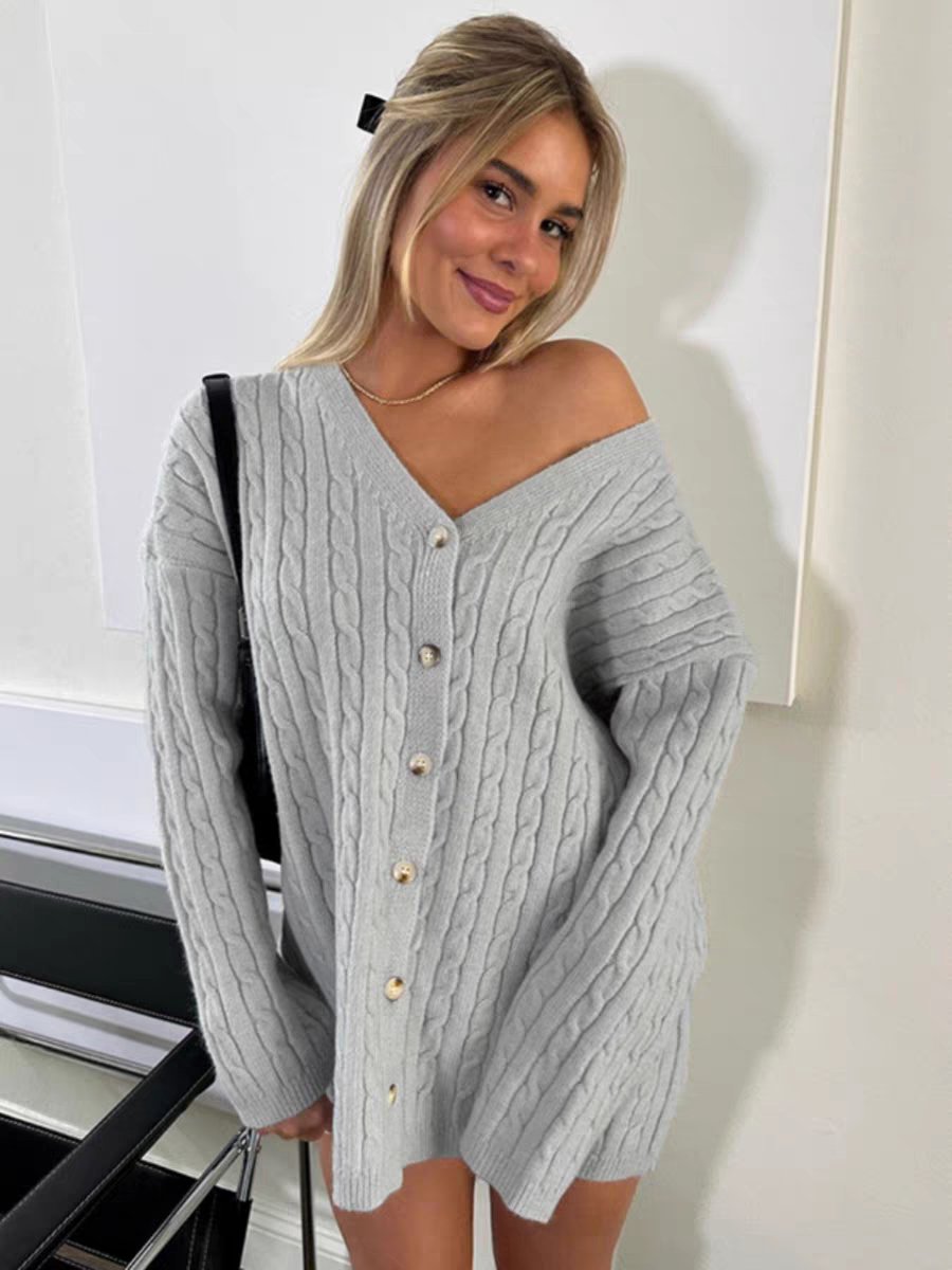 Button Up Grey Oversized V Neck Sweater - Boulve Boutique