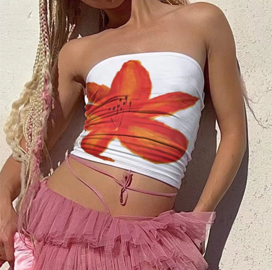 Orange Flower On White Tube Top - Boulve Boutique