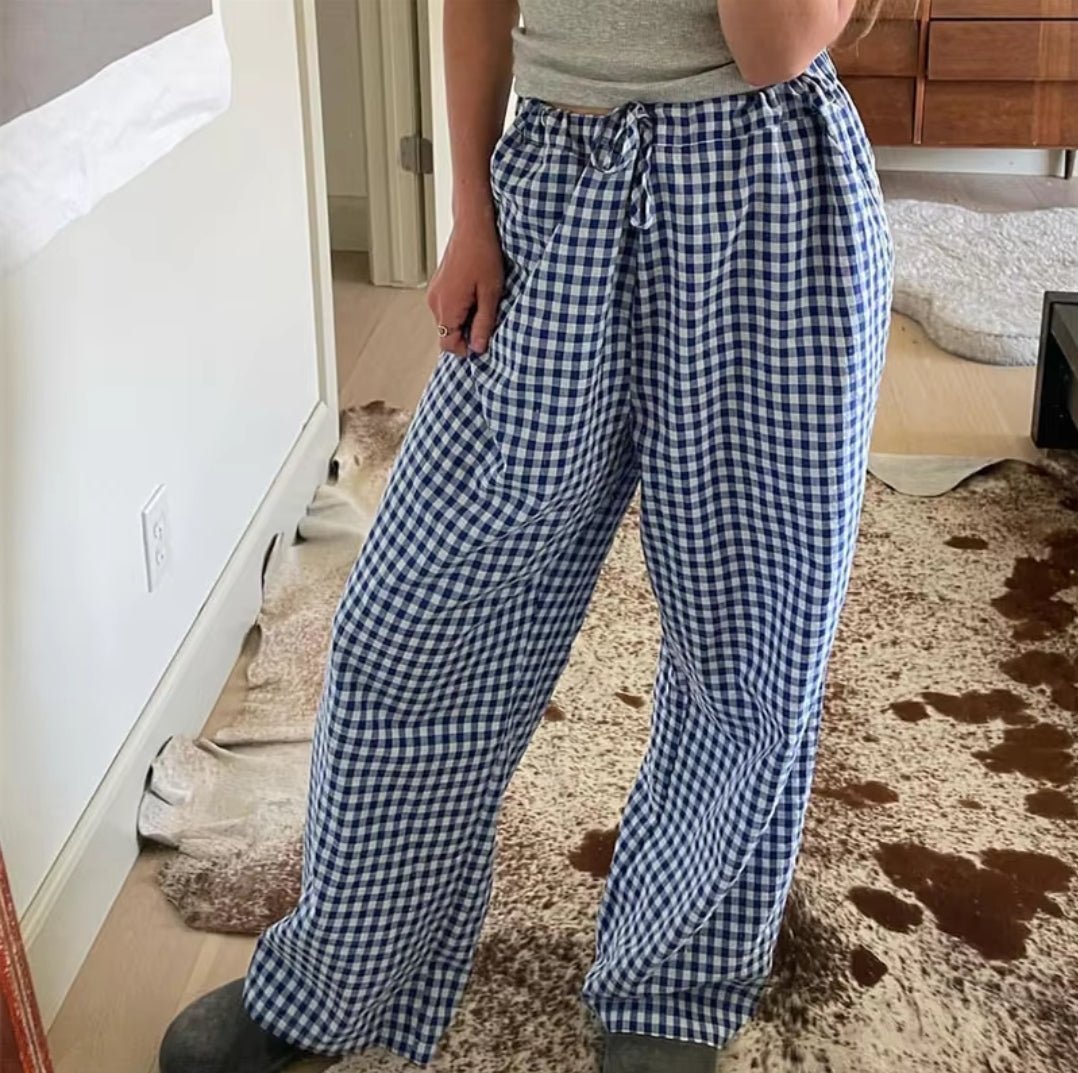 Oversized Checkered Blue Drawstring High Waist Pants - Boulve Boutique