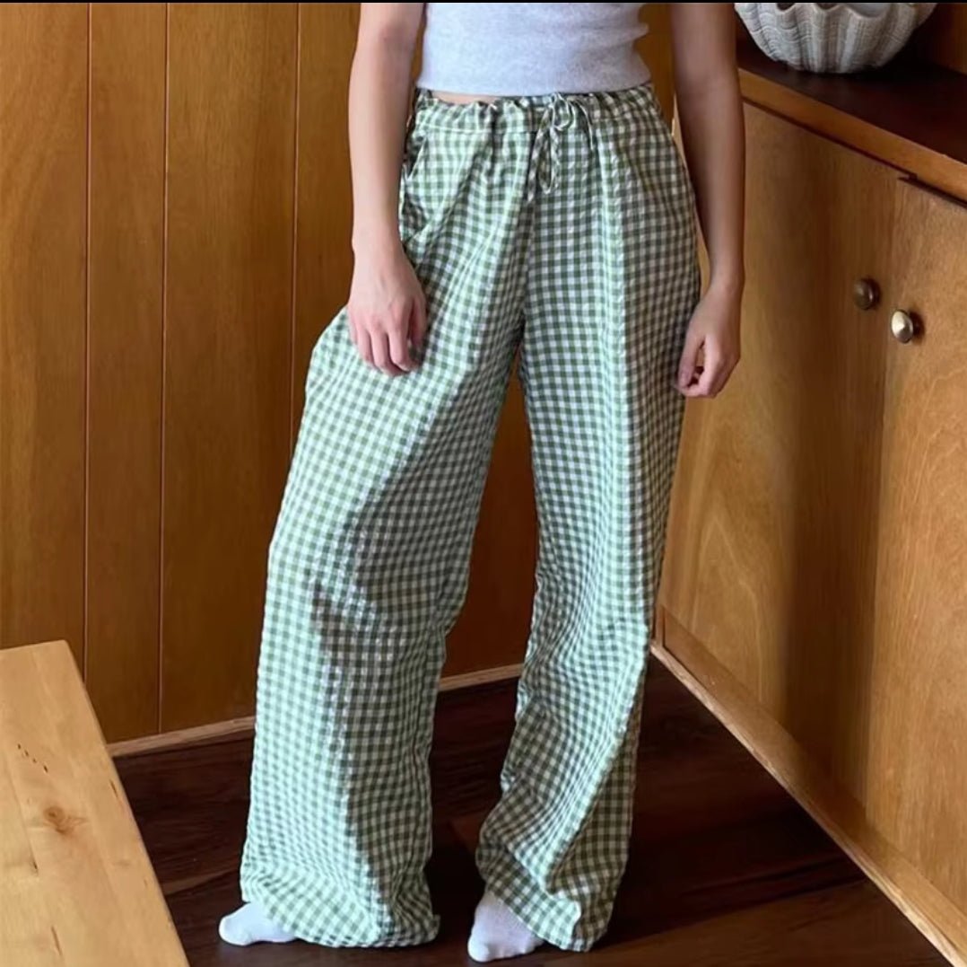 Oversized Checkered Green Drawstring High Waist Pants - Boulve Boutique