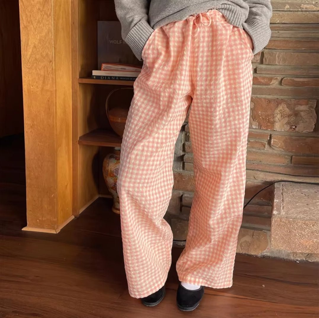 Oversized Checkered Orange Drawstring High Waist Pants - Boulve Boutique