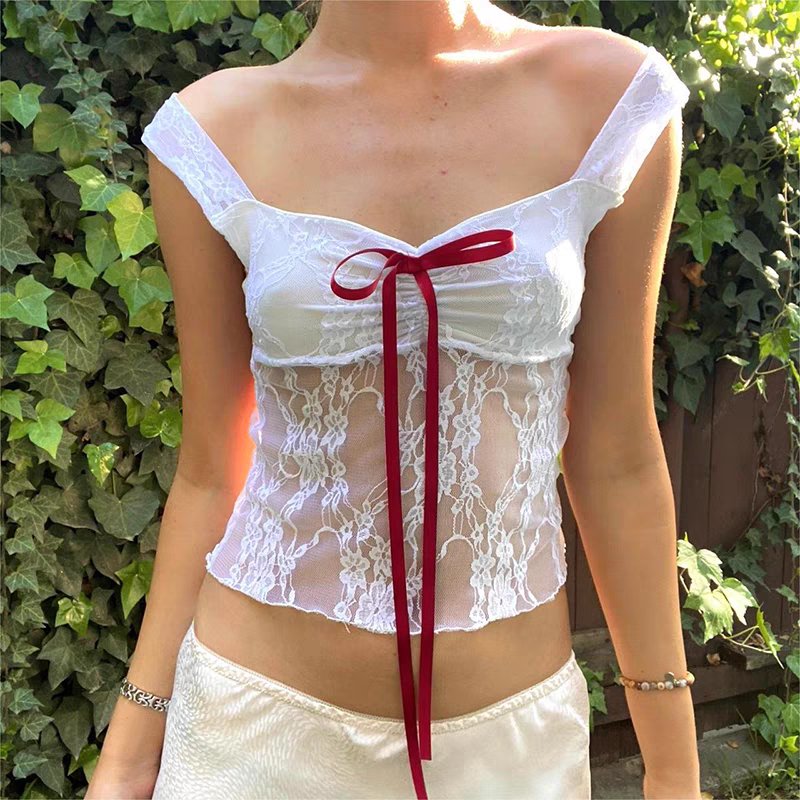 White Lace Top With Red Bow - Boulve Boutique